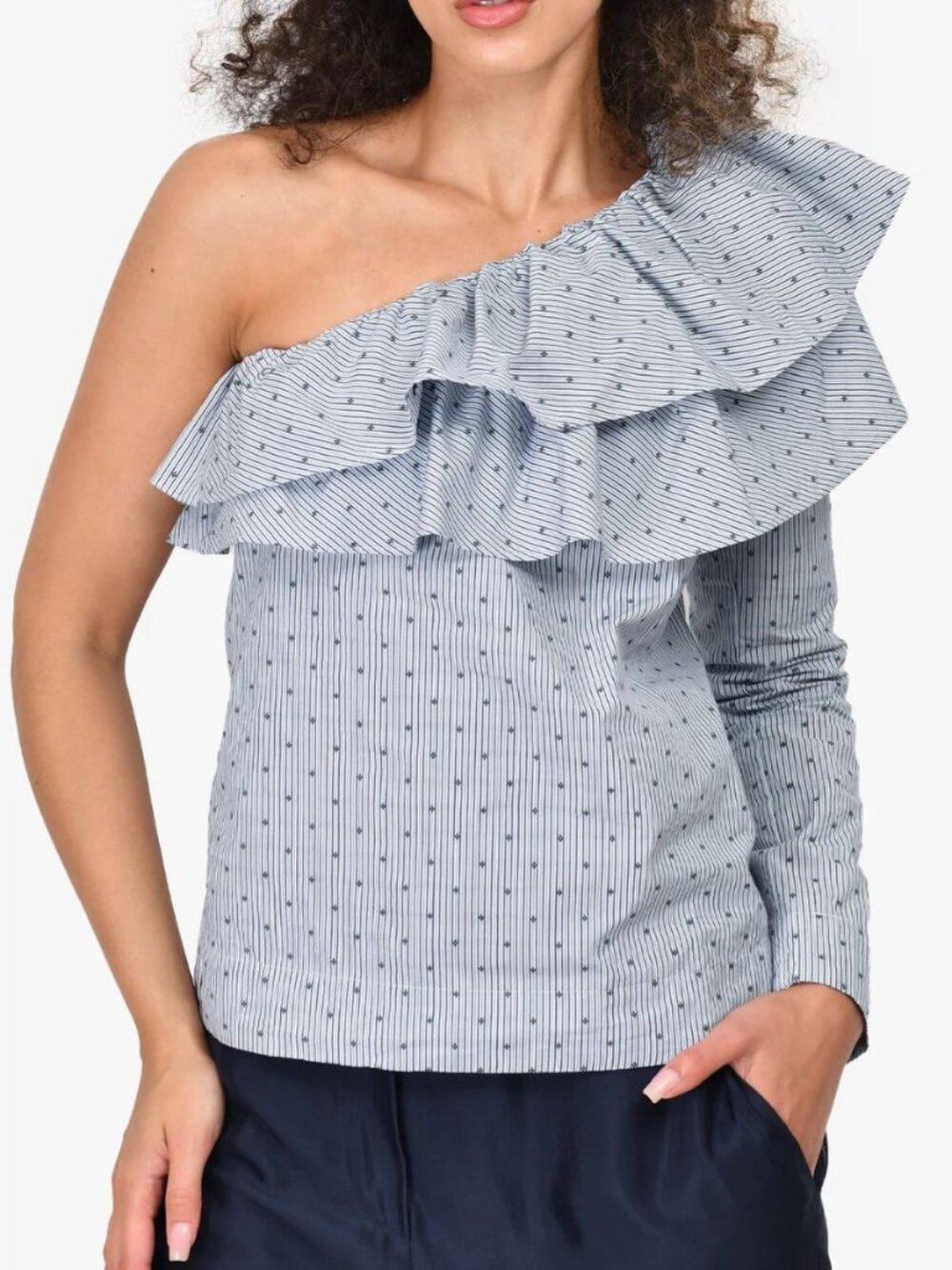 FRENCH MAJE LELINA RUFFLED ONE-SHOULDER TOP FLORAL EMBROIDERED BLOUSE SIZE SMALL